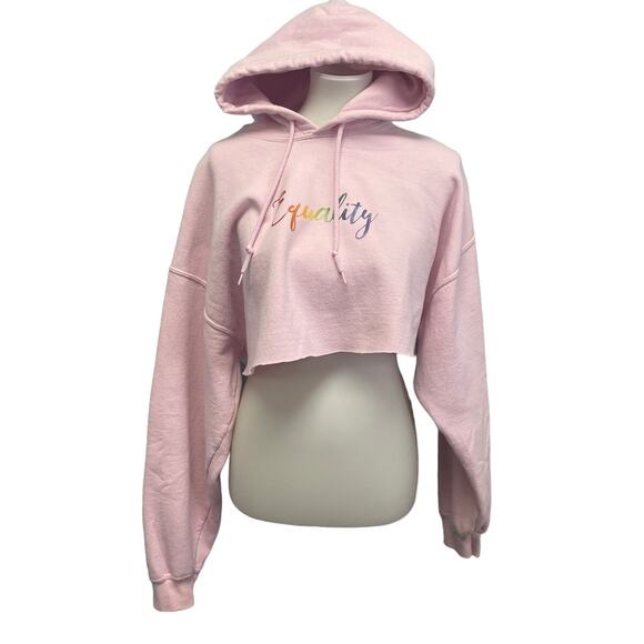 Hand Printed Upcycled Womens XL Equality Rainbow LGBTQ Cropped Cutoff Hoodie - Picture 1 of 6